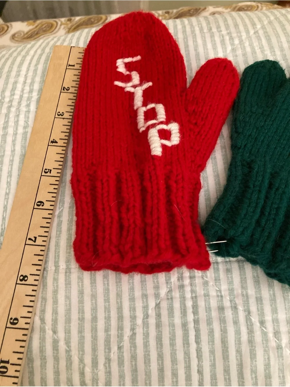 Vintage Children's Safety Mittens Hand-knitted Vibrant Red/Green